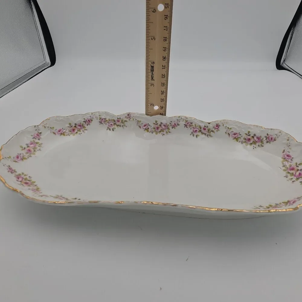 Antique Austria Karlsbad Porcelain Serving Tray Pink Roses Gold Gilt 12x6